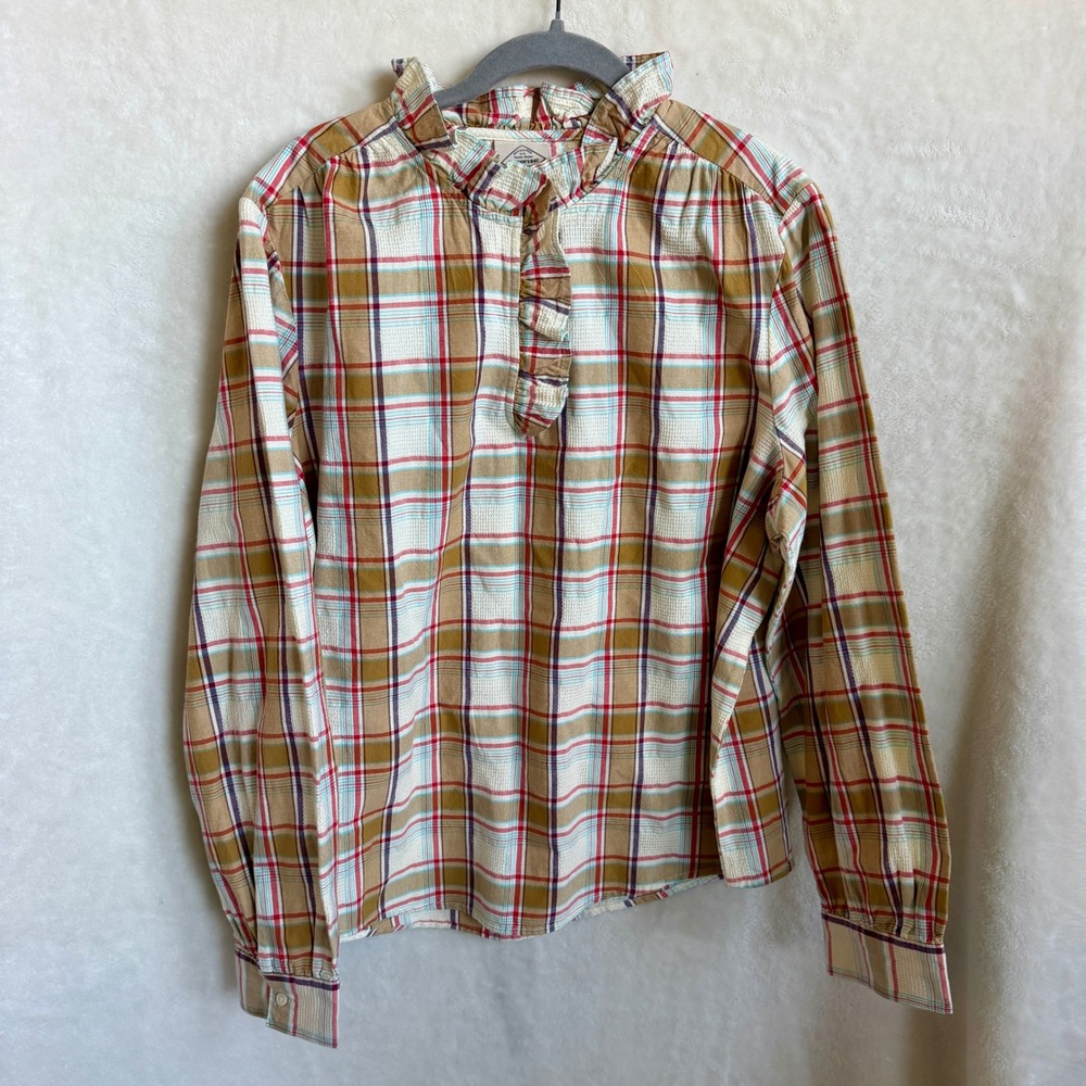 St Johns Bay Plaid Ruffle Collar Popover Blouse Smocked Cuffs 100% Cotton XL